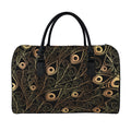 Black And Gold Peacock Feather Print Leather Duffel Bag
