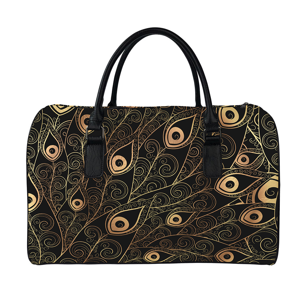 Black And Gold Peacock Feather Print Leather Duffle Bag