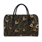 Black And Gold Peacock Feather Print Leather Duffle Bag