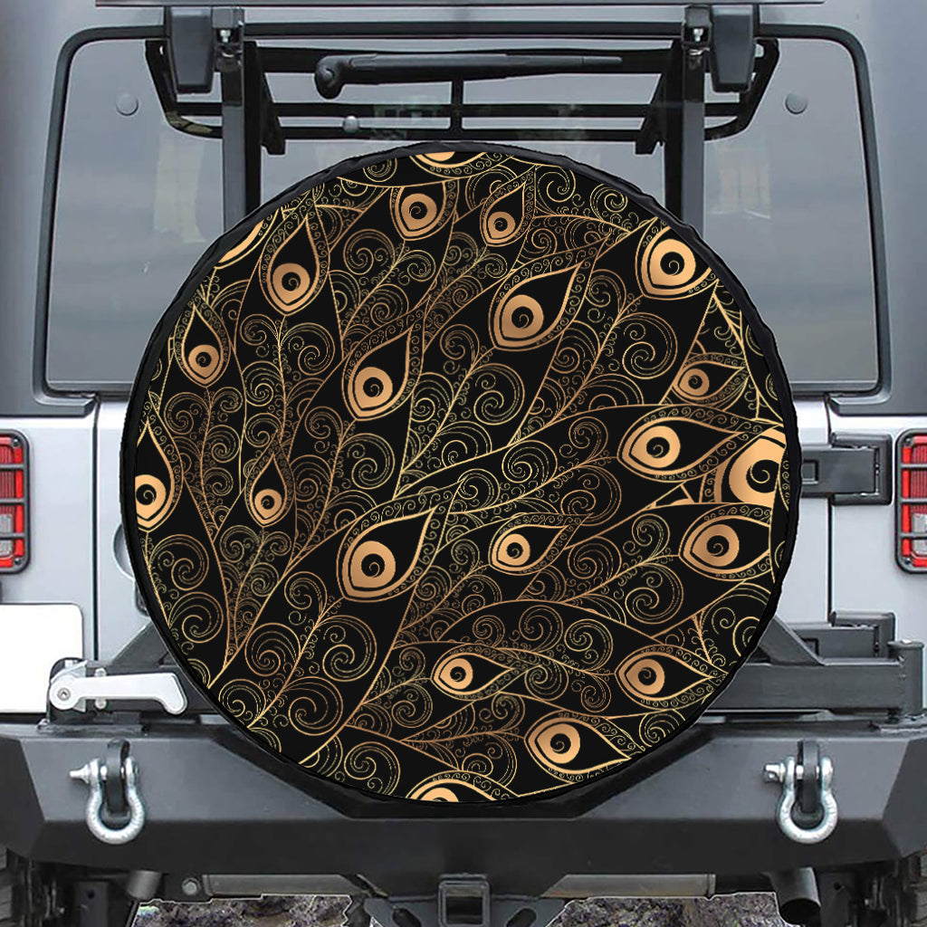 Black And Gold Peacock Feather Print Leather Spare Tire Cover