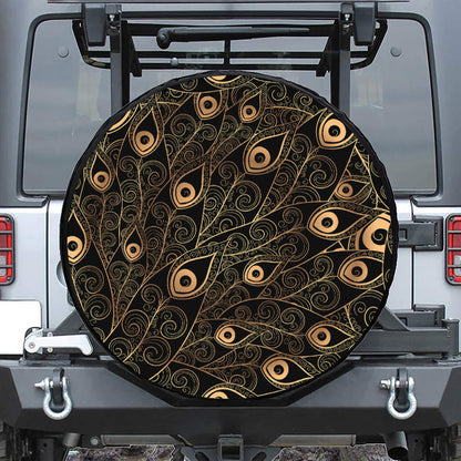 Black And Gold Peacock Feather Print Leather Spare Tire Cover