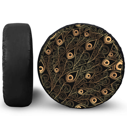 Black And Gold Peacock Feather Print Leather Spare Tire Cover