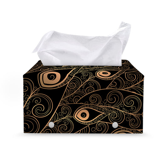 Black And Gold Peacock Feather Print Leather Tissue Box Cover