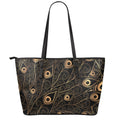 Black And Gold Peacock Feather Print Leather Tote Bag With Zipper