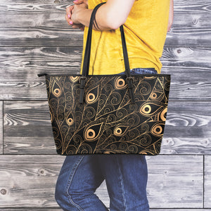 Black And Gold Peacock Feather Print Leather Tote Bag