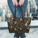 Black And Gold Peacock Feather Print Leather Tote Bag