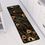 Black And Gold Peacock Feather Print Long Kitchen Mat
