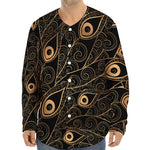 Black And Gold Peacock Feather Print Long Sleeve Baseball Jersey