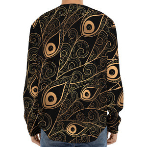 Black And Gold Peacock Feather Print Long Sleeve Baseball Jersey