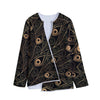 Black And Gold Peacock Feather Print Long Sleeve Short Coat