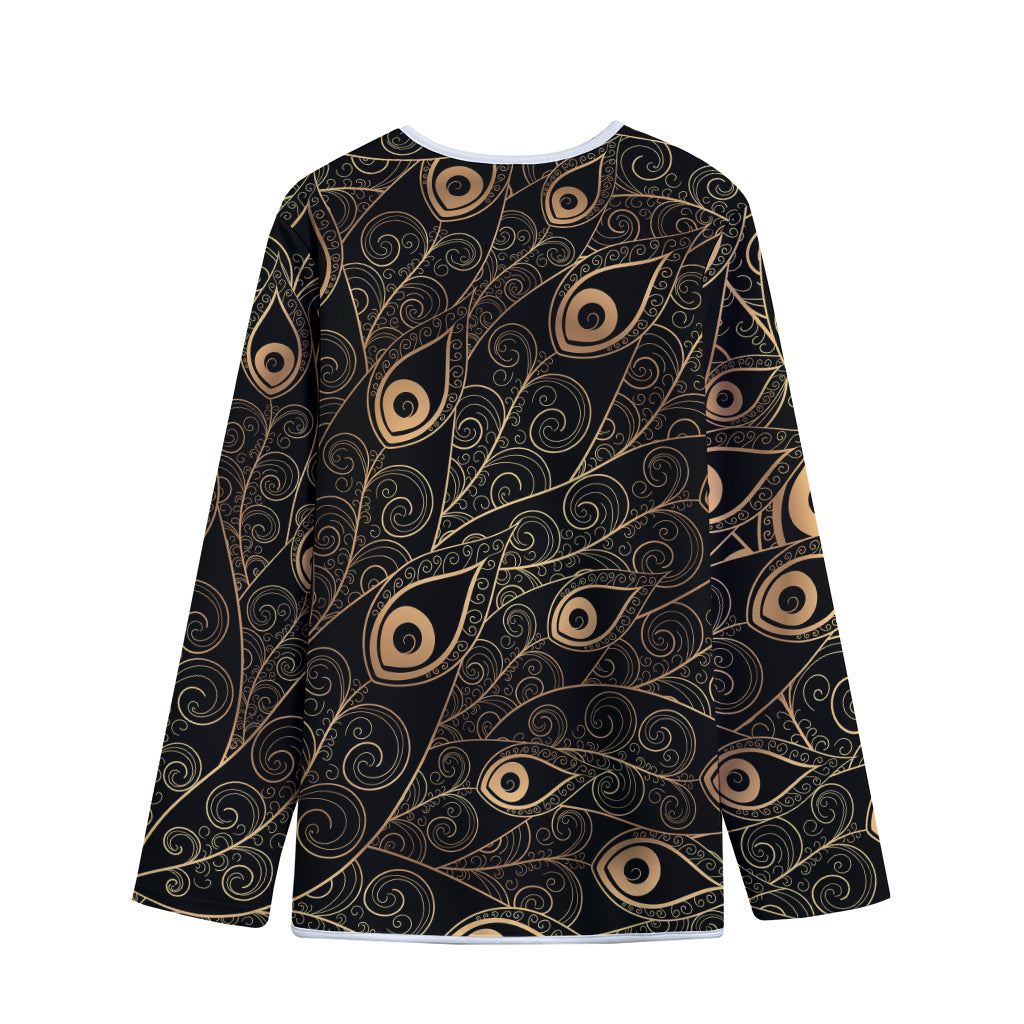 Black And Gold Peacock Feather Print Long Sleeve Short Coat