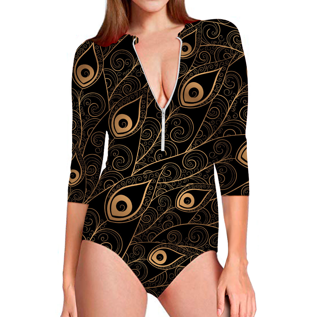 Black And Gold Peacock Feather Print Long Sleeve Swimsuit