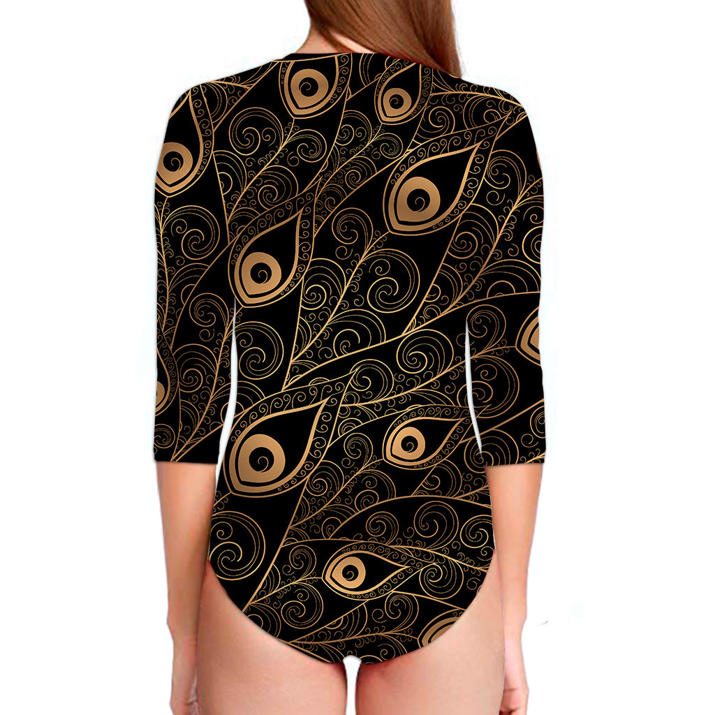 Black And Gold Peacock Feather Print Long Sleeve Swimsuit