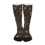Black And Gold Peacock Feather Print Long Socks