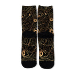 Black And Gold Peacock Feather Print Long Socks