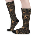 Black And Gold Peacock Feather Print Long Socks