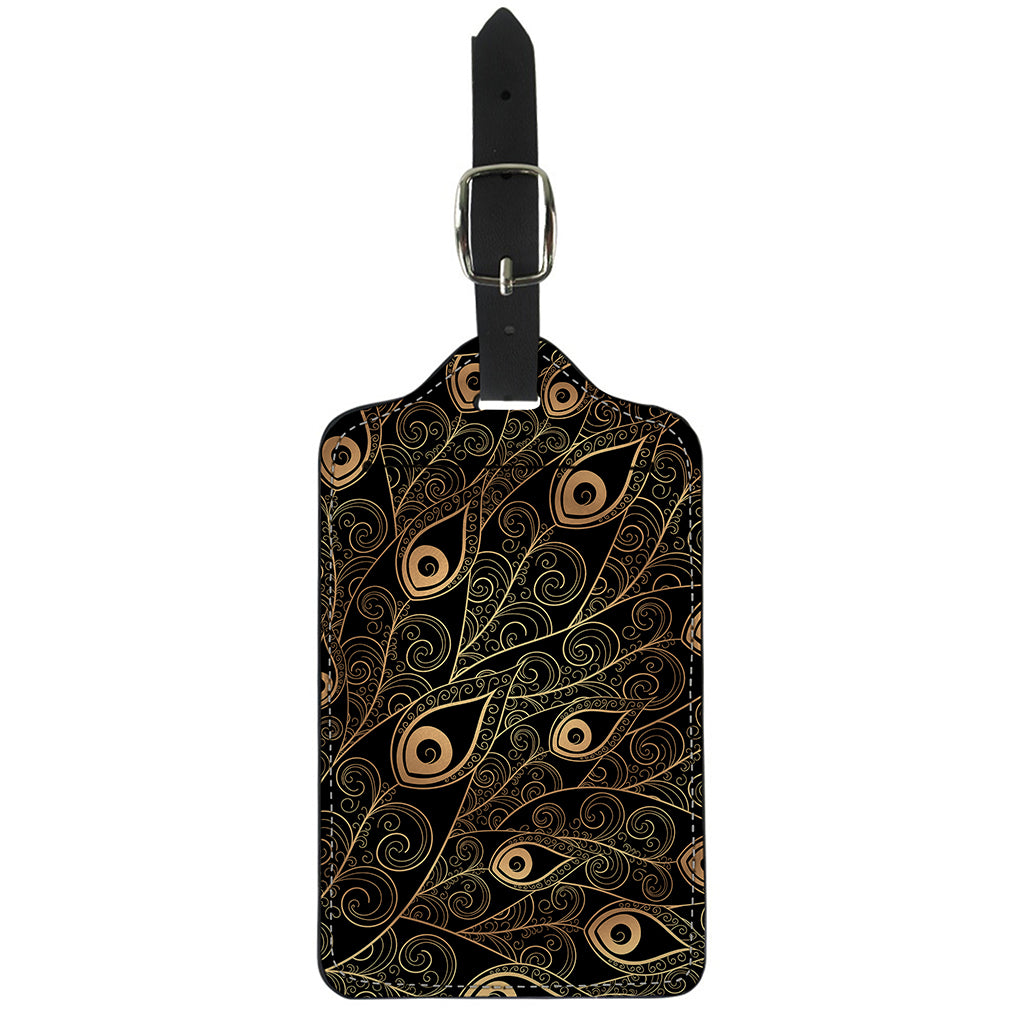 Black And Gold Peacock Feather Print Luggage Tag