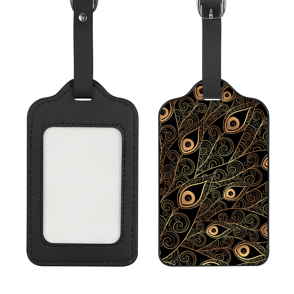 Black And Gold Peacock Feather Print Luggage Tag