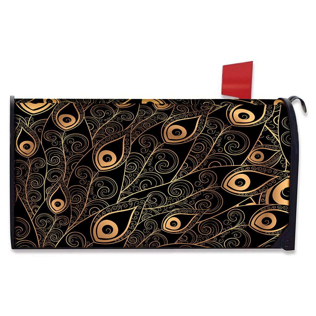 Black And Gold Peacock Feather Print Mailbox Cover
