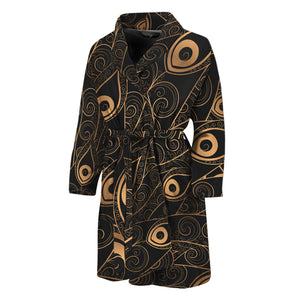 Black And Gold Peacock Feather Print Men's Bathrobe