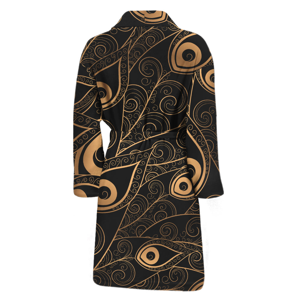 Black And Gold Peacock Feather Print Men's Bathrobe