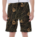 Black And Gold Peacock Feather Print Men's Beach Shorts