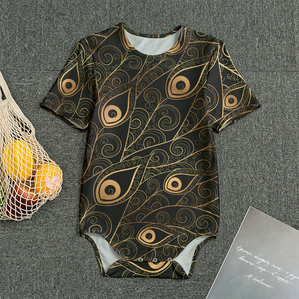 Black And Gold Peacock Feather Print Men's Bodysuit