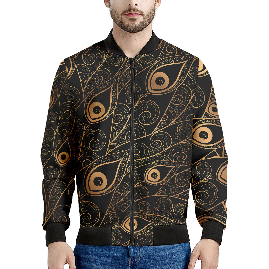 Black And Gold Peacock Feather Print Men's Bomber Jacket