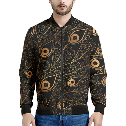 Black And Gold Peacock Feather Print Men's Bomber Jacket