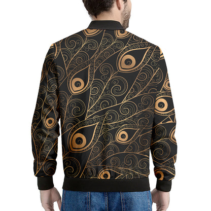Black And Gold Peacock Feather Print Men's Bomber Jacket