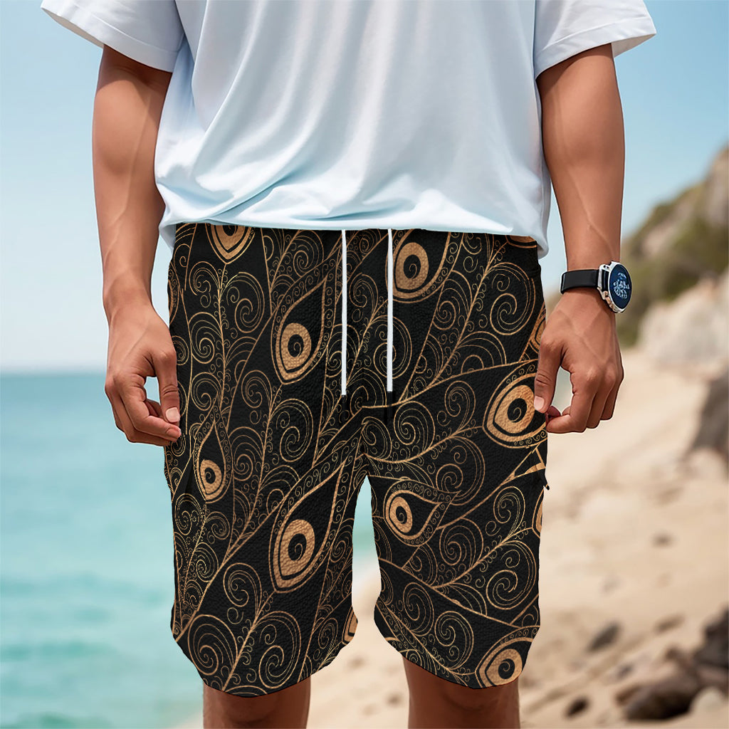 Black And Gold Peacock Feather Print Men's Cargo Shorts