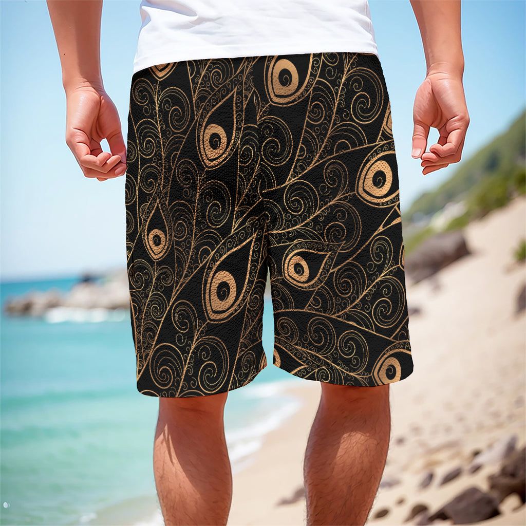 Black And Gold Peacock Feather Print Men's Cargo Shorts