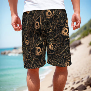 Black And Gold Peacock Feather Print Men's Cargo Shorts