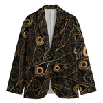Black And Gold Peacock Feather Print Men's Cotton Blazer
