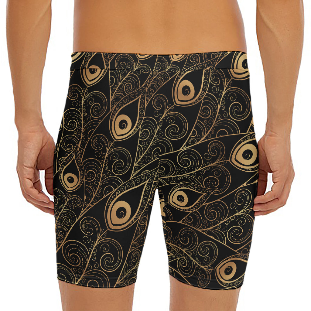 Black And Gold Peacock Feather Print Men's Long Boxer Briefs