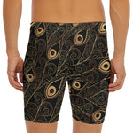 Black And Gold Peacock Feather Print Men's Long Boxer Briefs