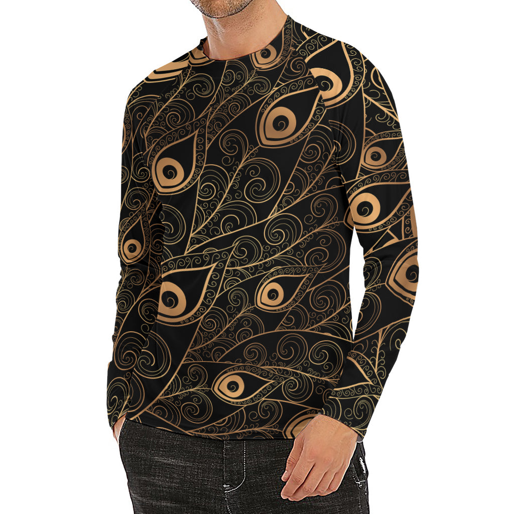 Black And Gold Peacock Feather Print Men's Long Sleeve Rash Guard