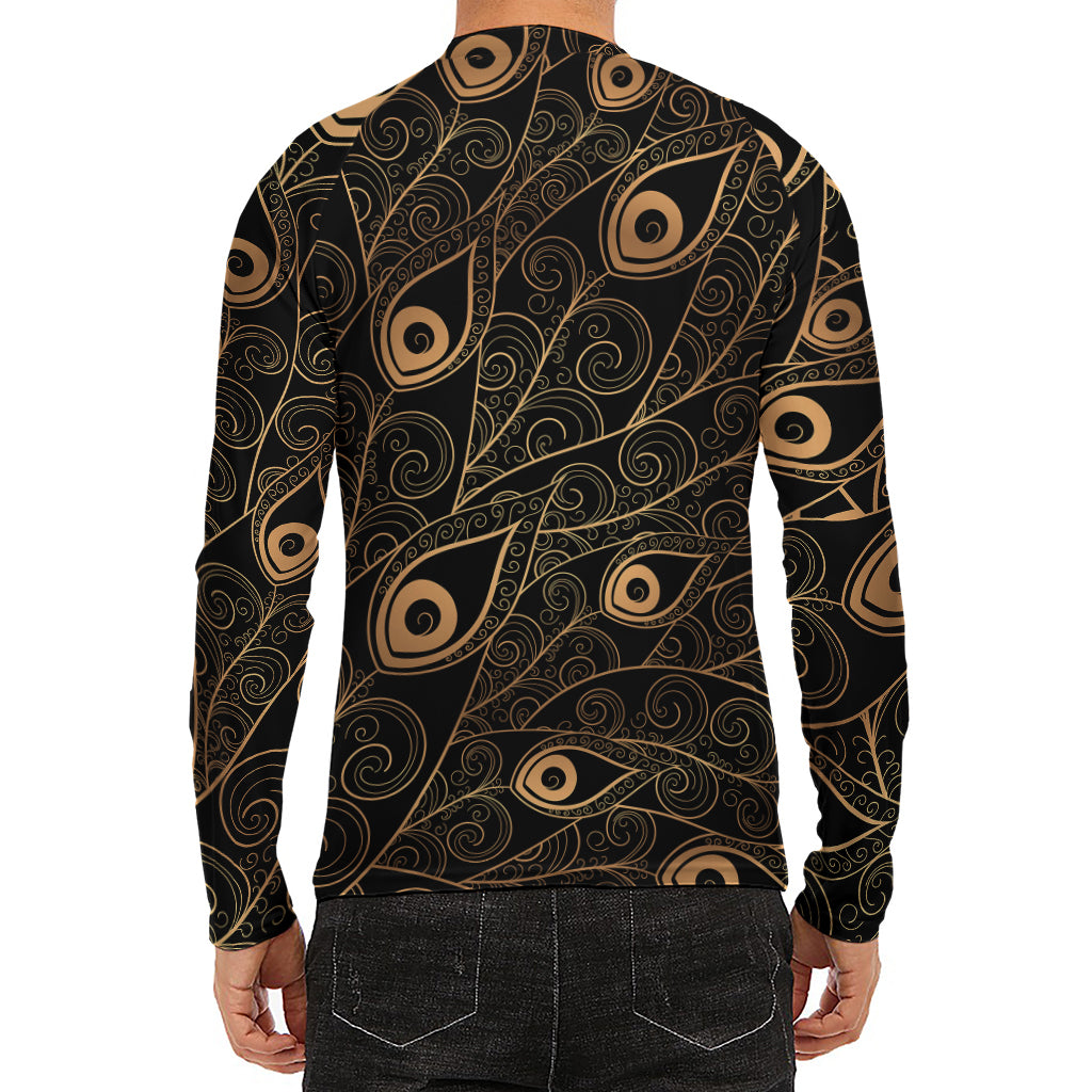 Black And Gold Peacock Feather Print Men's Long Sleeve Rash Guard