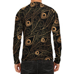 Black And Gold Peacock Feather Print Men's Long Sleeve Rash Guard