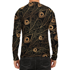 Black And Gold Peacock Feather Print Men's Long Sleeve Rash Guard