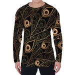 Black And Gold Peacock Feather Print Men's Long Sleeve T-Shirt