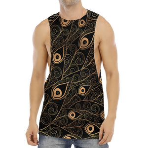 Black And Gold Peacock Feather Print Men's Muscle Tank Top