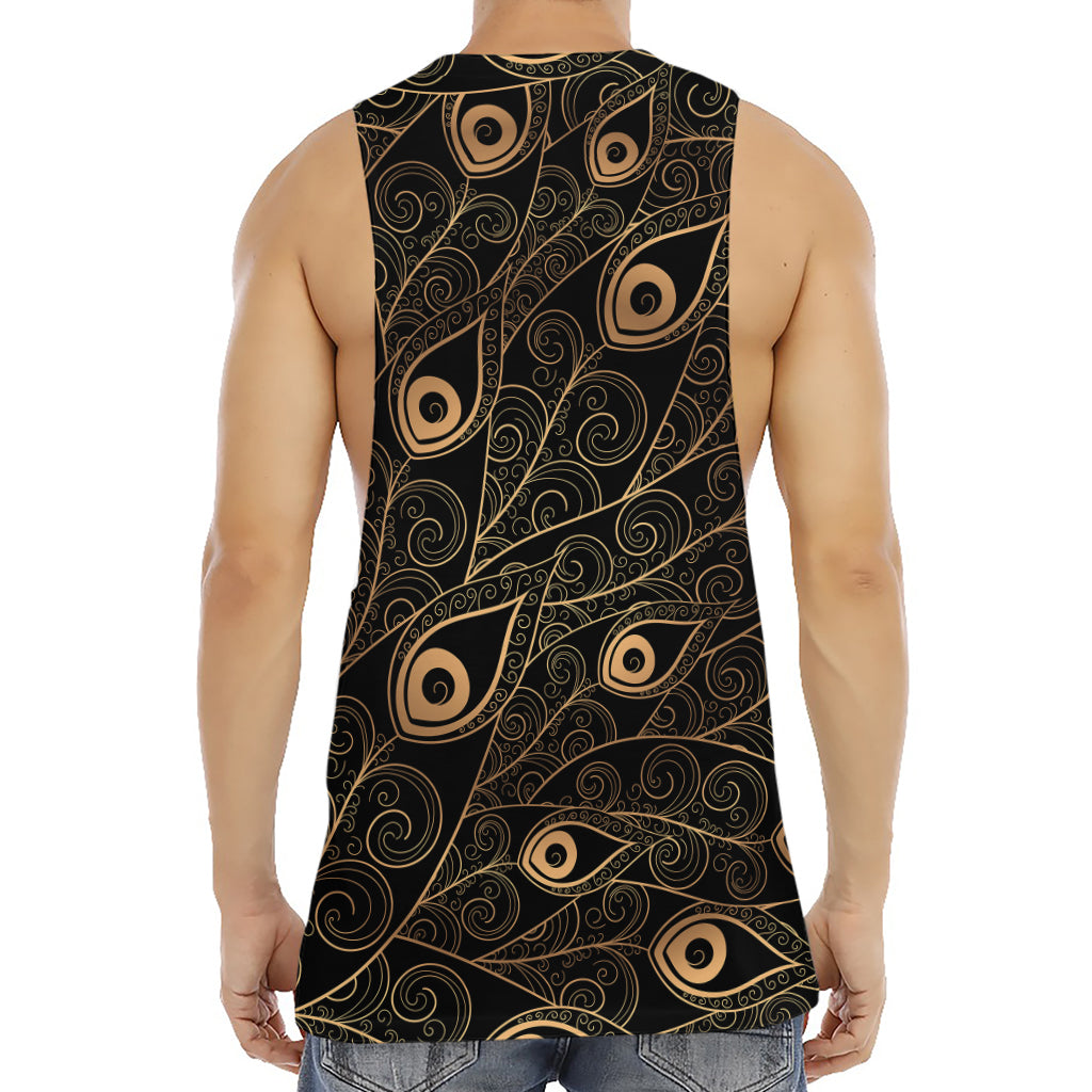 Black And Gold Peacock Feather Print Men's Muscle Tank Top