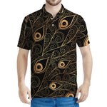 Black And Gold Peacock Feather Print Men's Polo Shirt