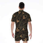 Black And Gold Peacock Feather Print Men's Rompers