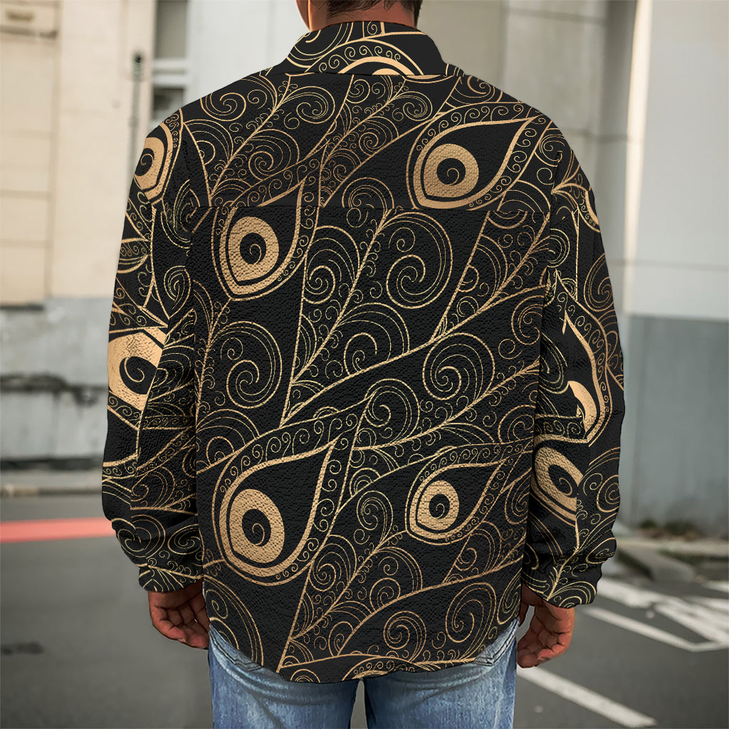 Black And Gold Peacock Feather Print Men's Shirt Jacket