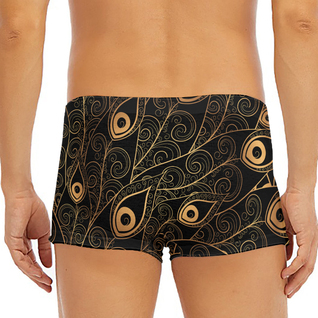 Black And Gold Peacock Feather Print Men's Short Boxer Briefs