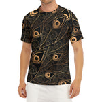 Black And Gold Peacock Feather Print Men's Short Sleeve Rash Guard