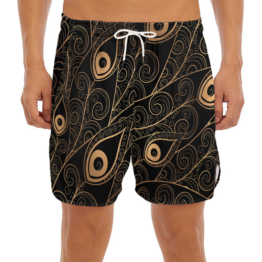 Black And Gold Peacock Feather Print Men's Split Running Shorts