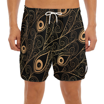 Black And Gold Peacock Feather Print Men's Split Running Shorts